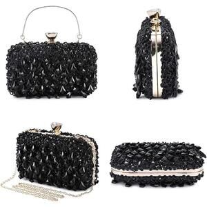 Handmade Black Beaded Sequin Fringe Evening Bag Clutch Purse Gold Clasp